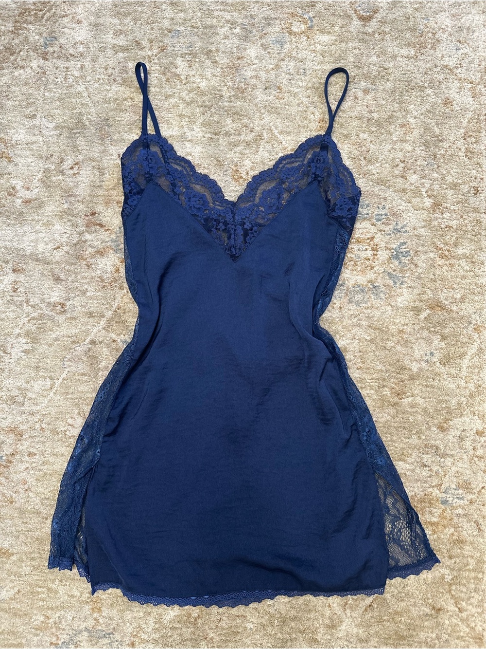Lace-Trim Navy Slip Chemise with Adjustable Straps